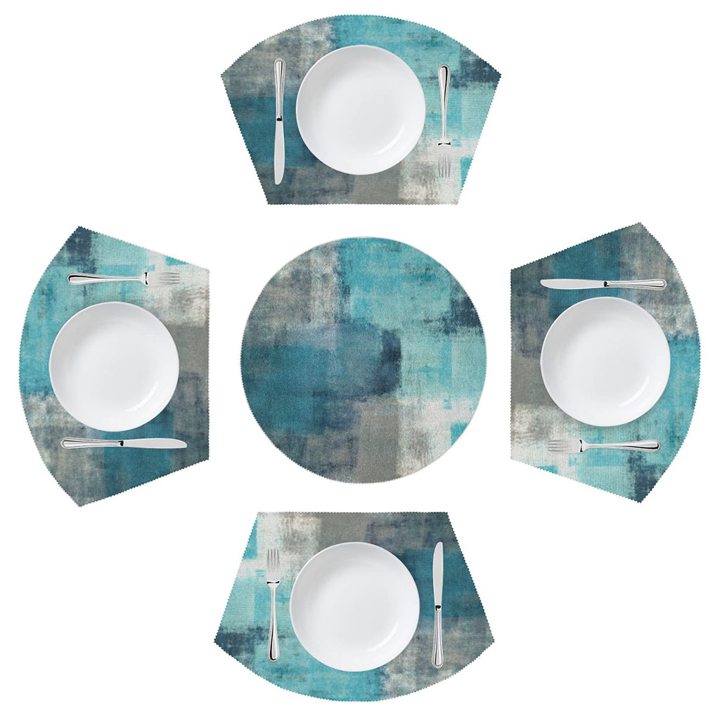 [Australia - AusPower] - Modern Teal Turquoise Placemats for Round Table Set of 4 Grey Abstract Wedge Table Mats with Centerpiece Heat Resistant Washable Place mats for Indoor Outdoor Kitchen Dinning Table Decoration (5 Pcs) 