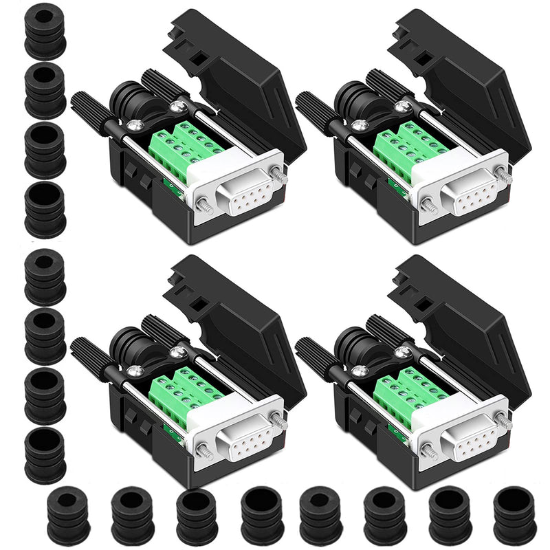 [Australia - AusPower] - ANMBEST 4PCS DB9 Female Breakout Connector,DB9 Solderless RS232 D-SUB Serial to 9-pin Port Terminal Adapter Connector Breakout Board with Case Long Bolts Tail Pipe 4PCS Female 