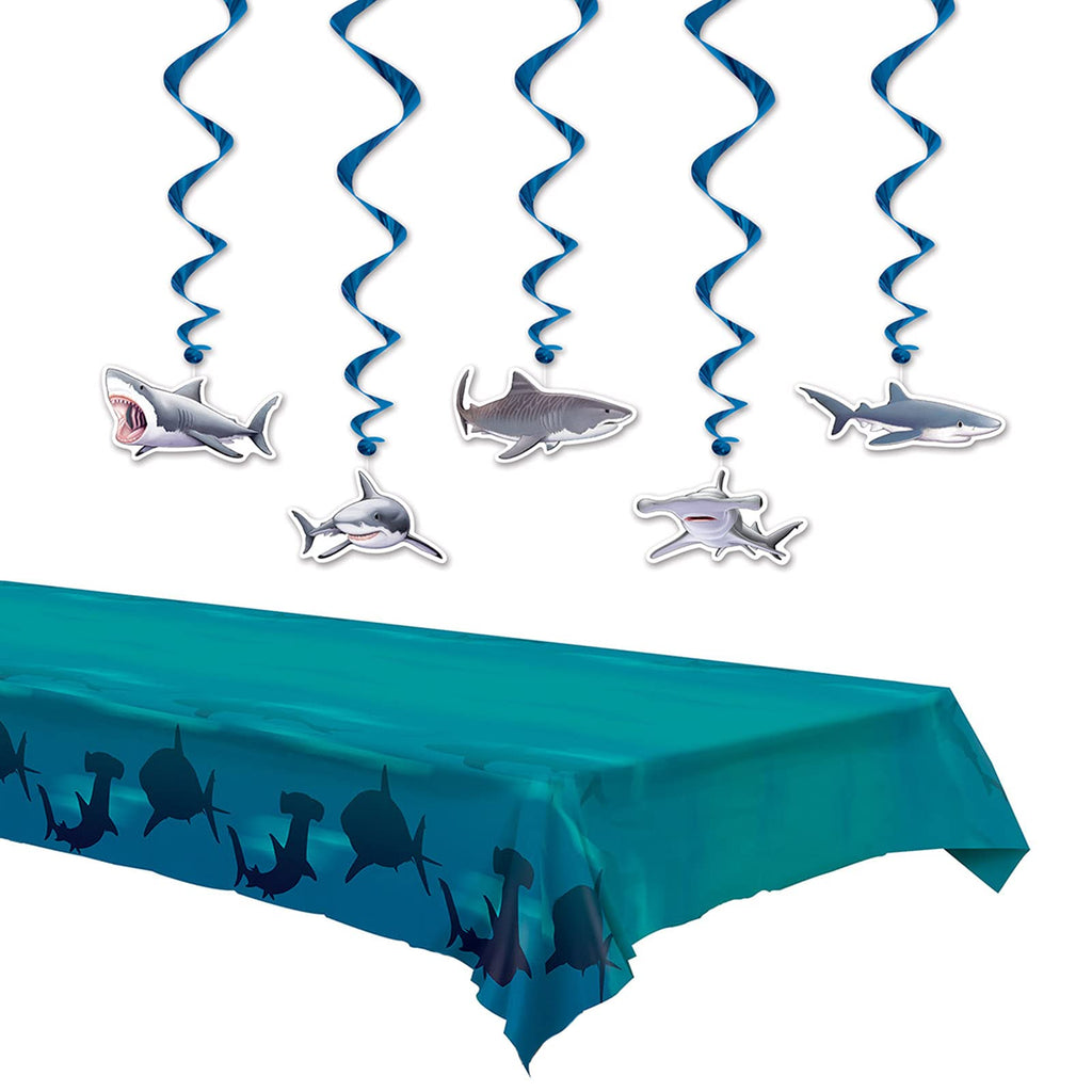 [Australia - AusPower] - Shark Party Supplies Hanging Shark Cutouts and Deep Water Shark Table Cover Set 