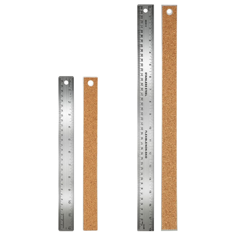 [Australia - AusPower] - Stainless Steel Corked Backed Metal Ruler, Non Slip Straight Edge with Cork Backing, Measuring Device Tool for Student School Office Supplies (1 x 12 Inch, 1 x 18 Inch) 1 x 12 Inch, 1 x 18 Inch 