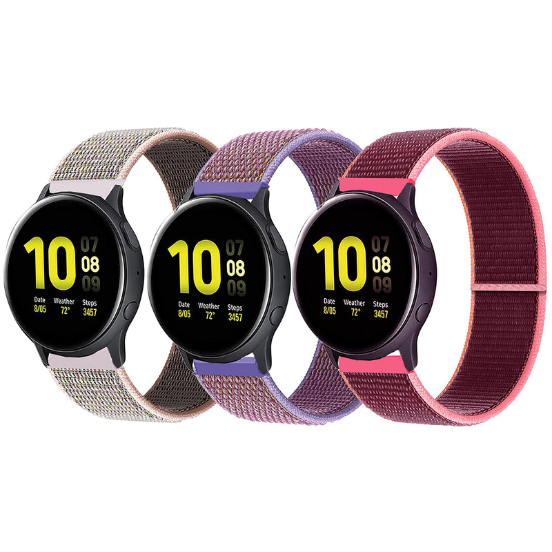 [Australia - AusPower] - Nylon Velcro Elastic Smart Watch Bands Compatible with Samsung Galaxy Garmin Amzfit Gizmo 20mm 22mm Sport Replacement Strap for men women 3Packs-Pink Sand / Purple / Plum watch lugs width:22mm 