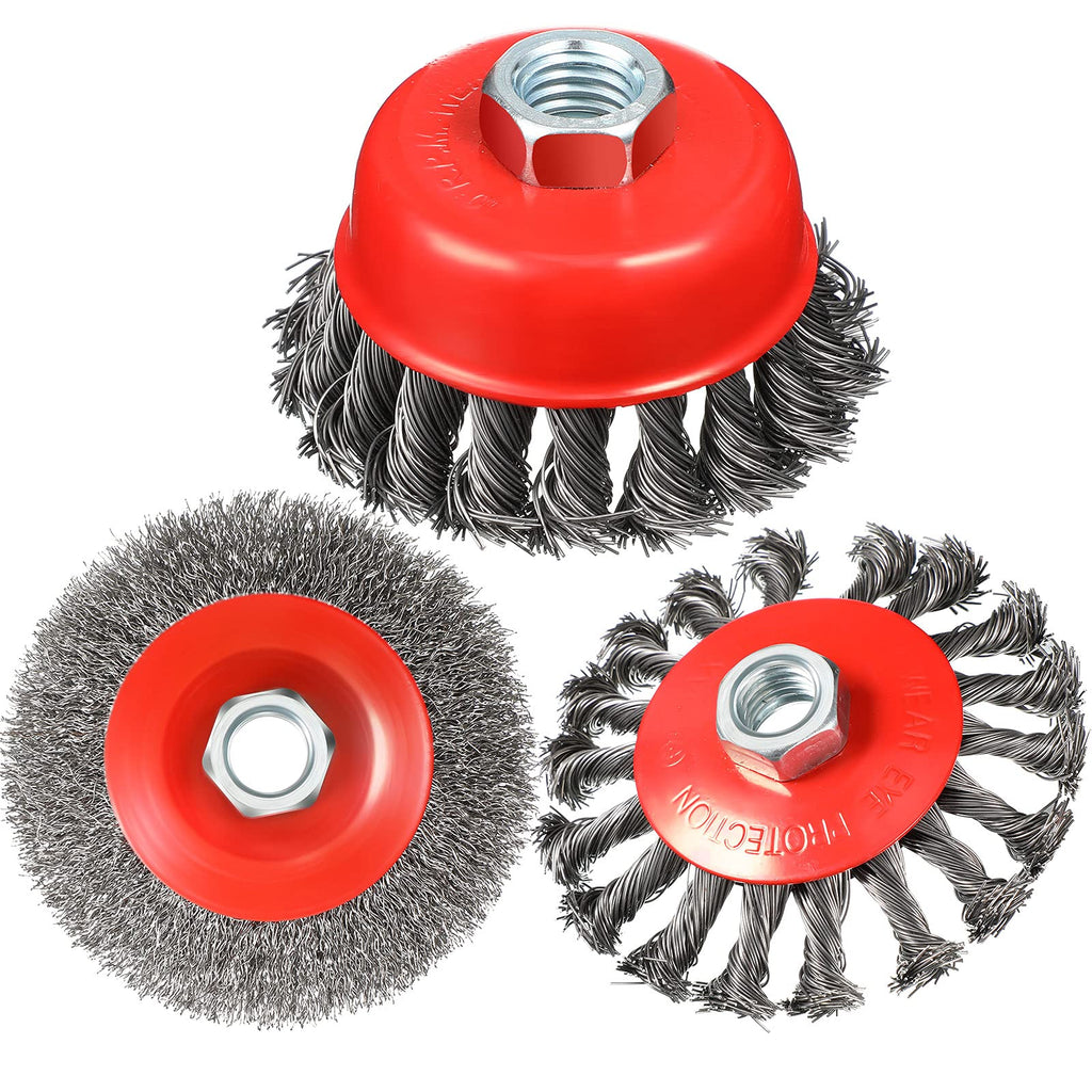 [Australia - AusPower] - 3 Pieces 4 Inch Wire Wheel Brush Cup Brush Set, Coarse Crimped Twisted Knotted Cup Brush, 5/8 Inch-11 Threaded Arbor 0.002 Inch Carbon Steel for Angle Grinder, Heavy Cleaning Rust Stripping Abrasive 