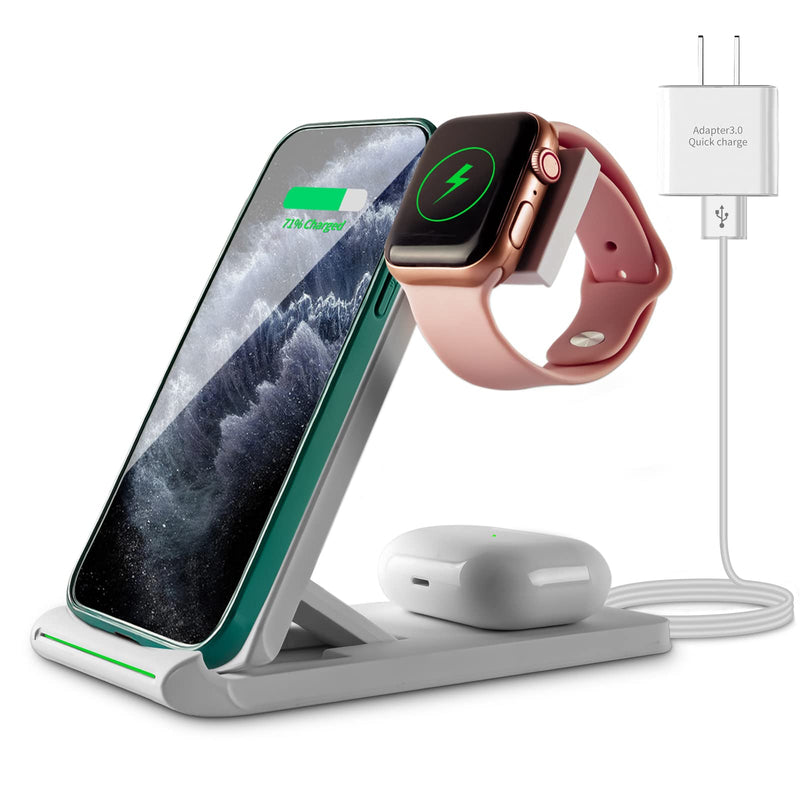 [Australia - AusPower] - 3 in 1 Wireless Charger for Apple Products, Foldable Wireless Charging Station for iWatch2/3/4/5/6/SE, iPhone 13/13 Pro/13 Pro Max/12/12pro max/SE2/11/11pro/XsMax/X/XR/8/8Plus White 2 