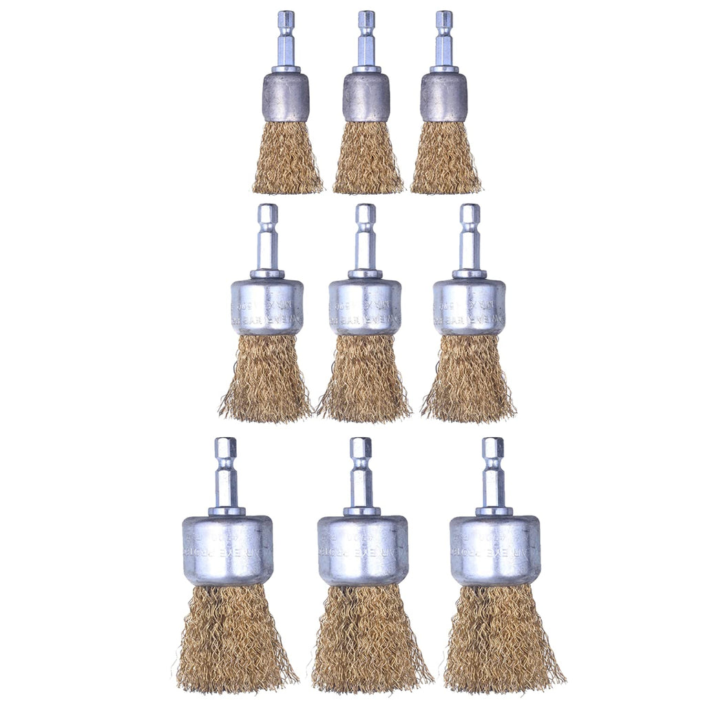[Australia - AusPower] - WENORA 9 Pack Wire Brush end Brush Set, Wire Brush for Drill 1/4 Inch Hex Shank Arbor 0.012" Brass Coated Crimped Wire Wheel, Paint-Surface and Small Spaces Can be Treated 