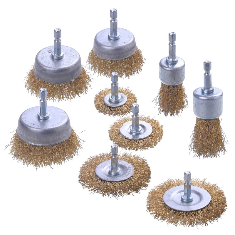 [Australia - AusPower] - WENORA 9 Pack Drill Wire Brush End Brush Set, Wire Brush for Drill 1/4 Inch Hex Shank- Coarse Brass Coated Crimped Wire Wheel for Used to Clean Rust, Flakes and Abrasives Drill Attachment 