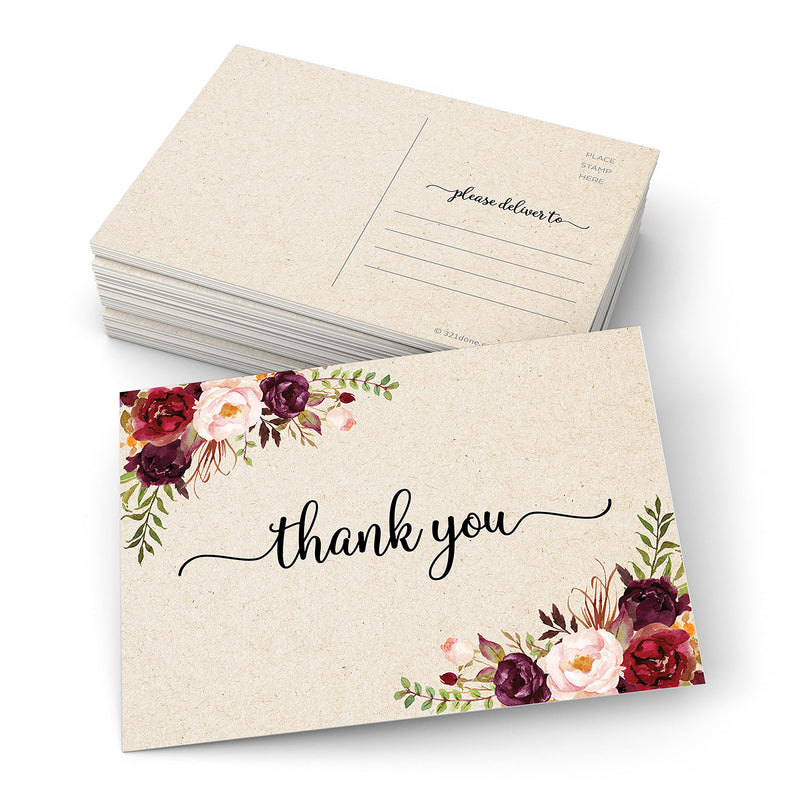 [Australia - AusPower] - 321Done Rose Floral Thank You Postcards - 3.5" x 5" (50 Cards) - Rustic Kraft Thank You Post Cards with Red Pink Flowers for Bridal or Baby Shower, Wedding Party, Thick Cardstock - Made in the USA Medium (3.5" x 5") 