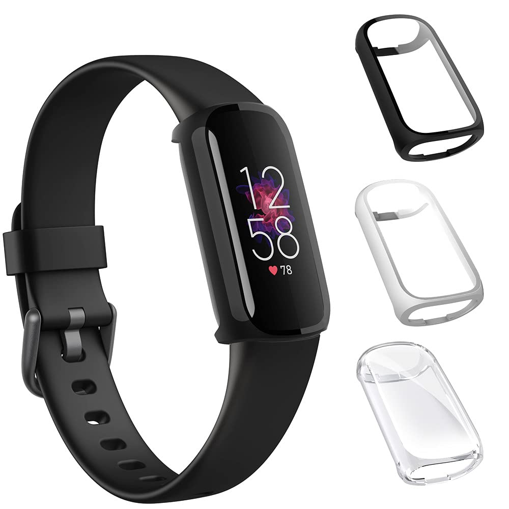 [Australia - AusPower] - Suoman 3-Pack Screen Protector Case for Fitbit Luxe, Full Coverage Protective Plated TPU Screen Protector Bumper Cover Case for Fitbit Luxe Smartwatch Black+Silver+Clear 