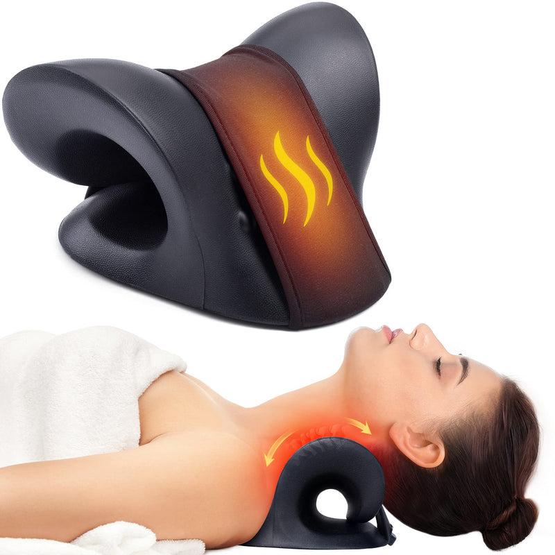 [Australia - AusPower] - Neck Stretcher for Neck Pain Relief, Heated Cervical Traction Device Pillow with Graphene Heating Pad, Neck and Shoulder Relaxer for TMJ Pain Relief and Cervical Spine Alignment(Black) Black 