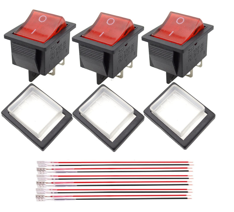 [Australia - AusPower] - 3PCS KCD4 Rocker Switch 16A 250V 20A 125V ON/Off -Red Light Illuminated 4 Pin 2 Position DPST Snap in Boat Rocker Toggle Switch with Wires and Waterproof Silicone Cover 
