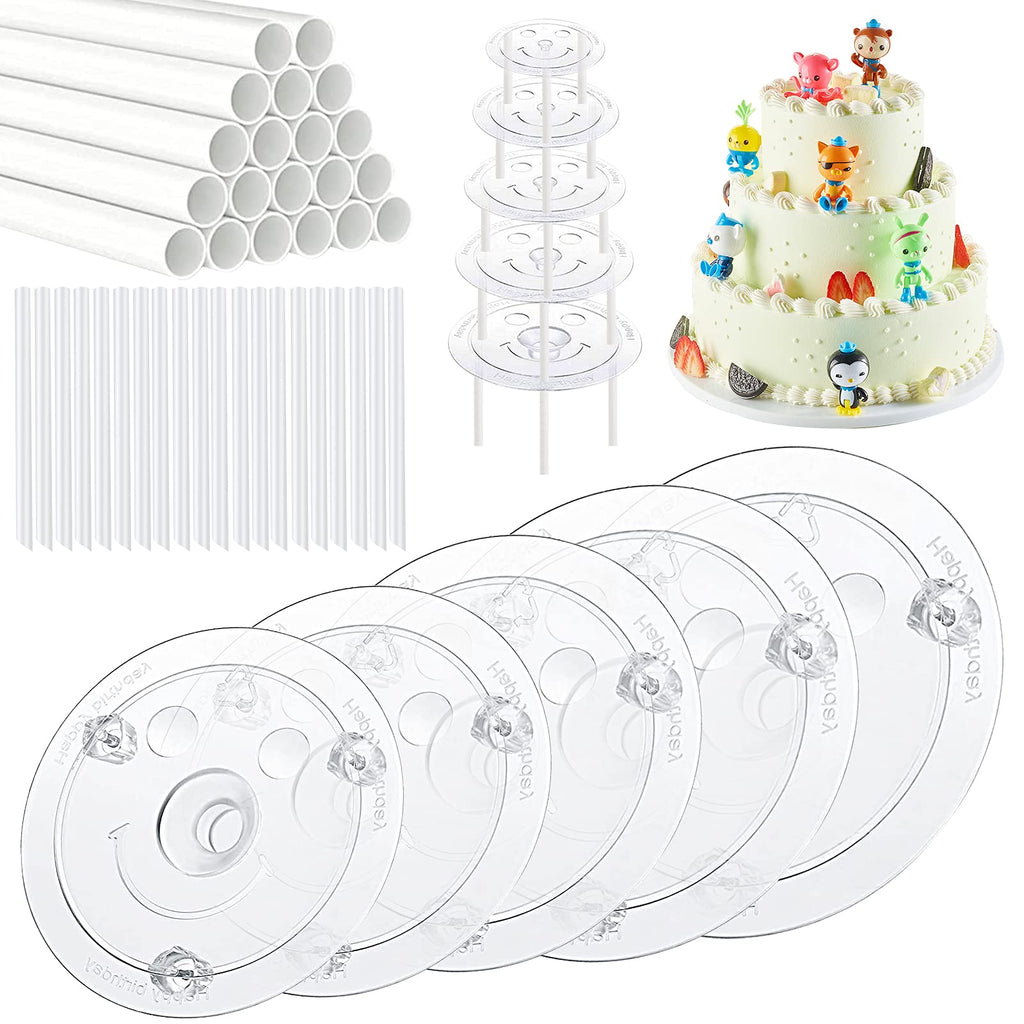 [Australia - AusPower] - Aufind 45 PCS Plastic Cake Dowel Rods Set, 20 White Plastic Cake Sticks Support Rods with 5 Cake Separator Plates for 4, 6, 8, 10,12 Inch Cakes and 20 Clear Cake Stacking Dowels for Tiered Cakes Clear Plates 