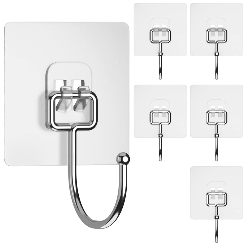 [Australia - AusPower] - GLUIT Large Adhesive Hooks for Hanging Heavy Duty Wall Hooks 22 lbs Self Adhesive Towel Waterproof Transparent Hooks for Bag Shower Outdoor Kitchen Cup Hooks Curtain Door Coat Hooks 6 Pack 6 Large Hooks 