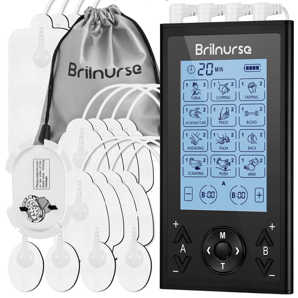 [Australia - AusPower] - Brilnurse 4 Channels TENS Unit Muscle Stimulator with 16 Electrode Pads, 24 Modes 20 Levels Intensity Rechargeable TENS Machine Pain Relief Therapy (Black) 