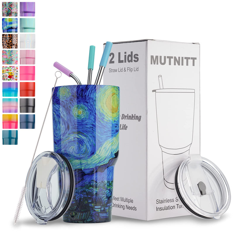 [Australia - AusPower] - 30 oz Tumbler with Lids and Straws,18/8 Stainless Steel Vacuum Insulated Coffee Tumbler,Insulated Travel Mug Water Cup with Leak-Proof Straw Lid & Flip Lid,3 Metal Straws,1 Cleaning Brush & Gift Box A-Colored Drawing-Starry Night(Most Choice) 
