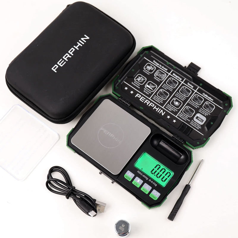 [Australia - AusPower] - Digital Pocket Scale with Zipper Case, 200g x 0.01g High Precision Gram Scale, comes with Calibration Weight, USB Cable, Weighing Tray, Bright Backlit LCD Display, Herb Jewelry Food Coin Powder Travel Green 