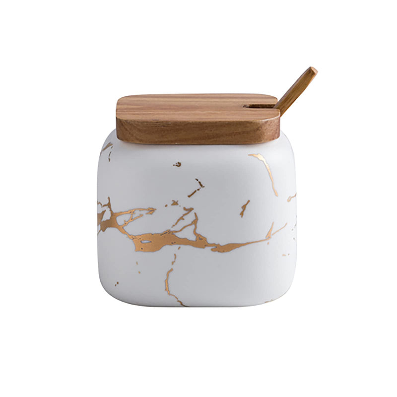 [Australia - AusPower] - Marble Ceramics Sugar Bowl Ceramic Seasoning Box Ceramic Spice Jars Porcelain Condiment Pots with Lid and Spoon (White) White 