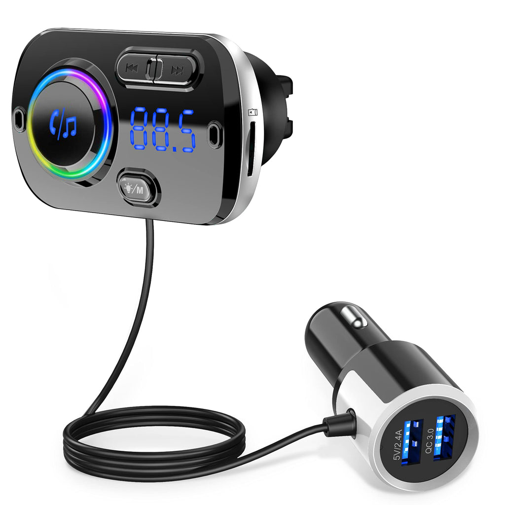 [Australia - AusPower] - Bluetooth Car Adapter, QC3.0 Fast Car Charger Bluetooth 5.0 FM Transmitter for Car Wireless Radio Stereo Audio Receiver,MP3 Music Player Hand-Free Call 7 Colors LED Backlit Dual USB Ports TF Card AUX silver 