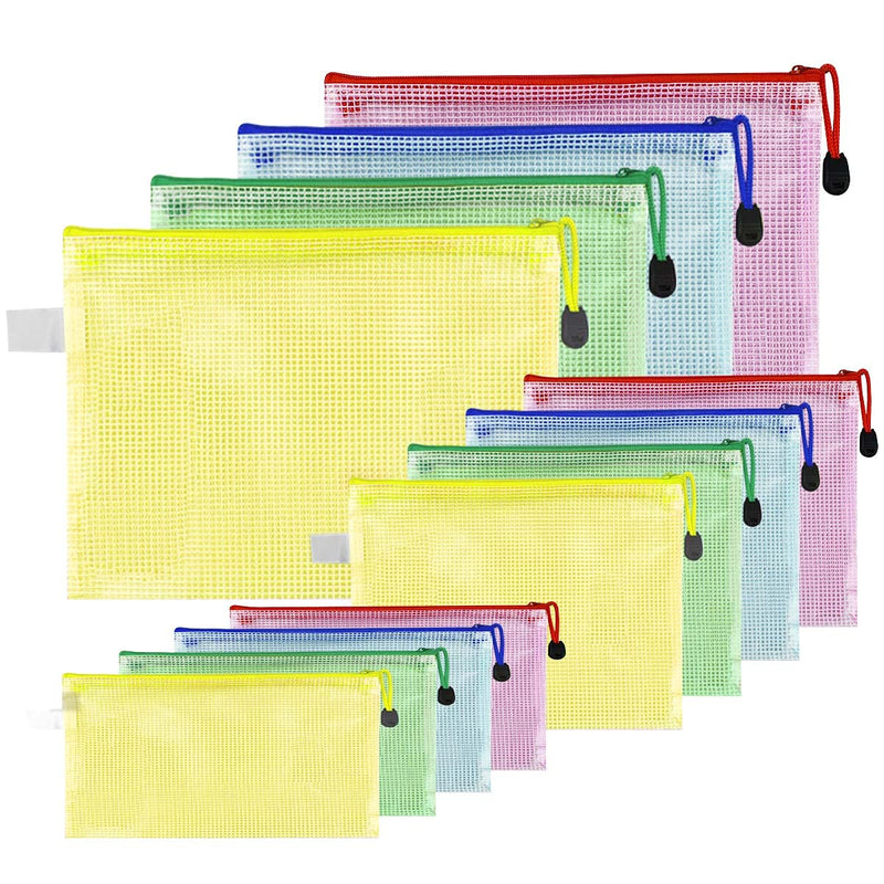 [Australia - AusPower] - 12 Pack Document Zipper Pouch Travel File Mesh Bags A4 A5 A6 Size School Office Supplies Colors Plastic Bag for Storage Waterproof Zip Folders Cosmetics Pouches Letter Pencil PVC Organizing for Home 