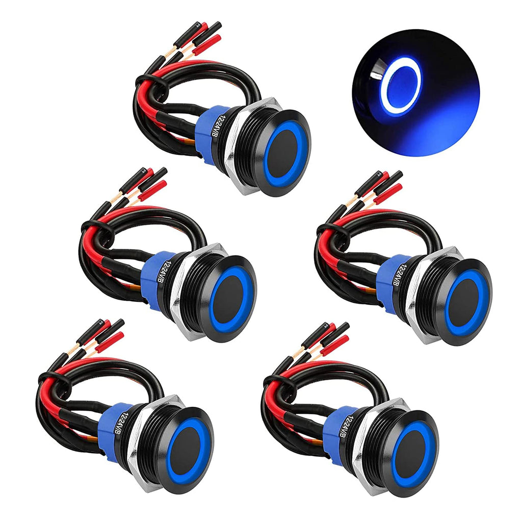 [Australia - AusPower] - 5PCS Push Button Latching Switch 12v/24v, Latching Push Button Switch 16mm 4 Pin Round Waterproof Stainless Black Shell Pushbutton Switch with Blue Led Light and Wires for Boat Truck RV Marinre SPDT 