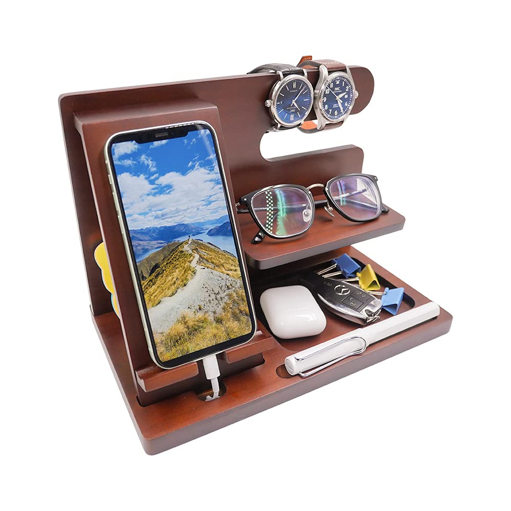 [Australia - AusPower] - Wood Desk Storage Organizer-Wooden Phone Docking Station and Nightstand Organizer for Men, Watch Key Holder,Phone Stand,Beside Charging Station,Gadgets for Men,Gifts for Father Day 