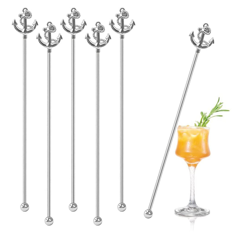 [Australia - AusPower] - Yueya 6 Pcs Stainless Steel Coffee Stirrers Beverage Stir Sticks Drinking Swizzle Sticks with Decor Anchor Top for Mixing Cocktail, Whiskey, Fruit Juice (Silver) Silver 