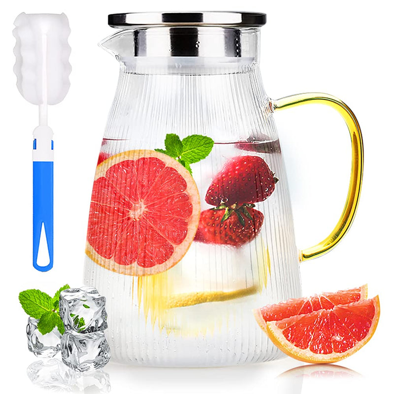 [Australia - AusPower] - SENKUO [50oz,1500ml]Glass Pitcher with Stainless Steel Lid,Iced Tea Pitcher，Heat Resistant Glass Carafe with Brush，Glass Jug for Hot Cold Water Wine Coffee Milk and Juice Beverage 1500ml 
