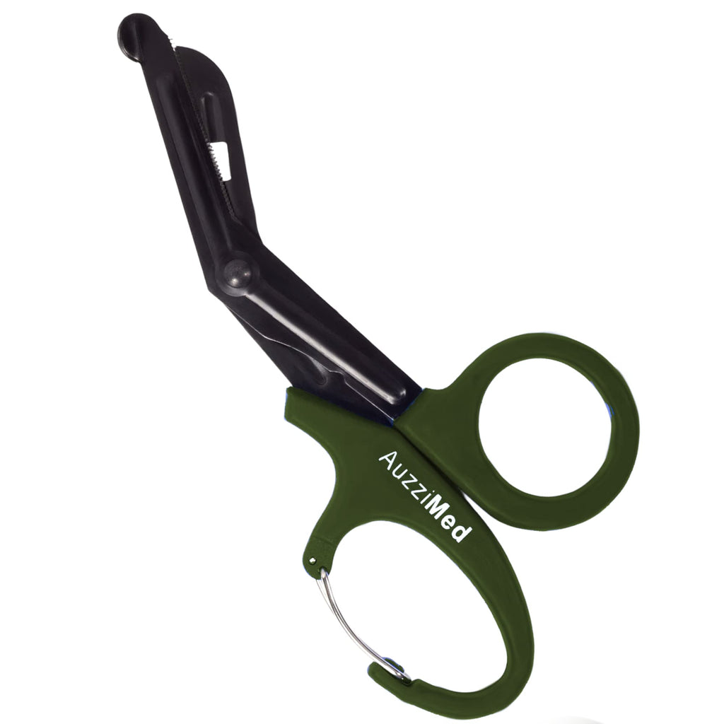 [Australia - AusPower] - AuzziMed Trauma Shears with Carabiner Clip, Medical Shears with Curved Safety Blades and Oxygen Wrench, 7.5 Inch, Olive Green 