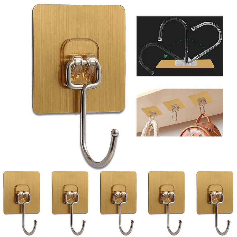 [Australia - AusPower] - Large Adhesive Hooks Heavy Duty 22Ib(Max) for Hanging, Reusable Waterproof Seamless Utility Ceiling Hooks Wall Hooks for Office Bathroom Kitchen Gold Adhesive Hooks 6PCS 