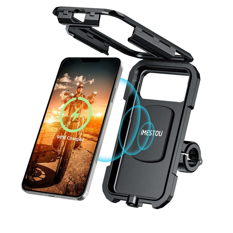 [Australia - AusPower] - iMESTOU Waterproof IP67 Motorcycle Phone (4.7"-6.1") Mount Wireless/ USB C Charger Handlebar Cellphone Holder 360 Rotation Work by Wiring to 12/24V Vehicles or Plugging to USB A Sockets For Smaller Phone Size 
