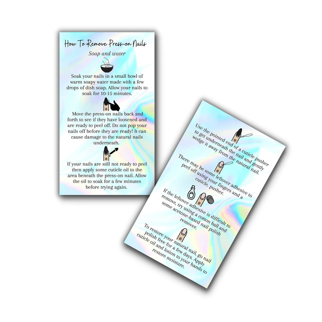 [Australia - AusPower] - Press-On Nail Removal Instructions Cards | 50 Pack | 2x3.5" inch Business Card Size | DIY Press-On Nail Kit | Soap & Water Removal Non-Reflective Matte Rainbow Holographic Look Design 