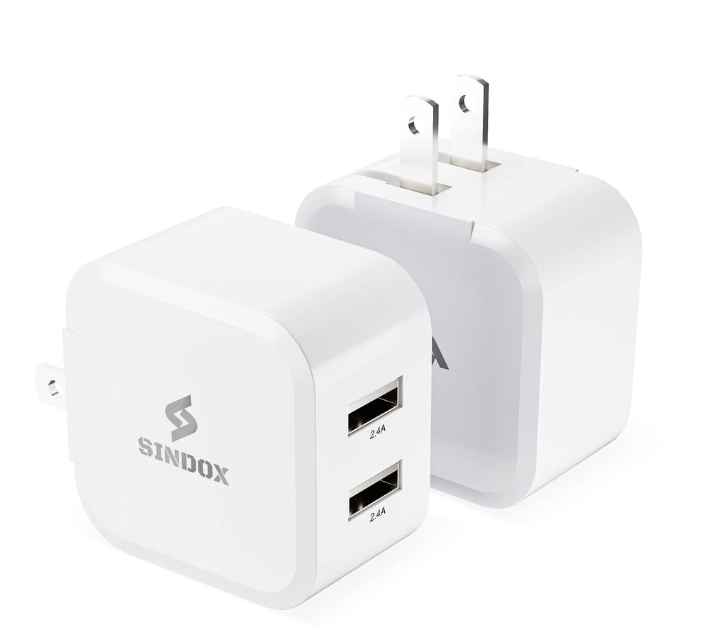 [Australia - AusPower] - Cell Phone USB Wall Chargers, SINDOX 2.4A 2-port Powerful Fireproof Charger Block(2-Pack), Fast USB-A Travel Power Brick with Foldable Plug for iPhone 11/X/XS/XS Max/XR/8/8+, Samsung, Android and iPad 
