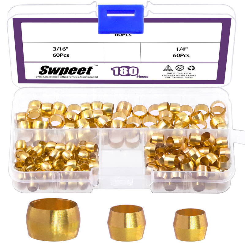 [Australia - AusPower] - Swpeet 105 Pcs Tube OD 1/4'' 5/16'' 3/8'' Brass Compression Sleeves Ferrules, 3 Sizes Brass Compression Fitting Ferrules Assortment Kit Metal Hardware Tightly Good Sealing 1/4'' 5/16'' 3/8'' Tube OD 