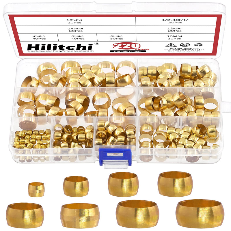 [Australia - AusPower] - Hilitchi 8Sizes Tube OD 4mm-16mm Brass Compression Sleeves Ferrules Compression Fitting Kit (Metric, 220Pcs) Metric 220 Assortment kit 