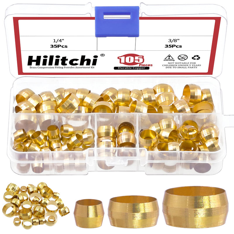 [Australia - AusPower] - Hilitchi 3Sizes Tube OD 1/4 3/8 1/2 Brass Compression Sleeves Ferrules Compression Fitting Kit (SAE, 105Pcs) 