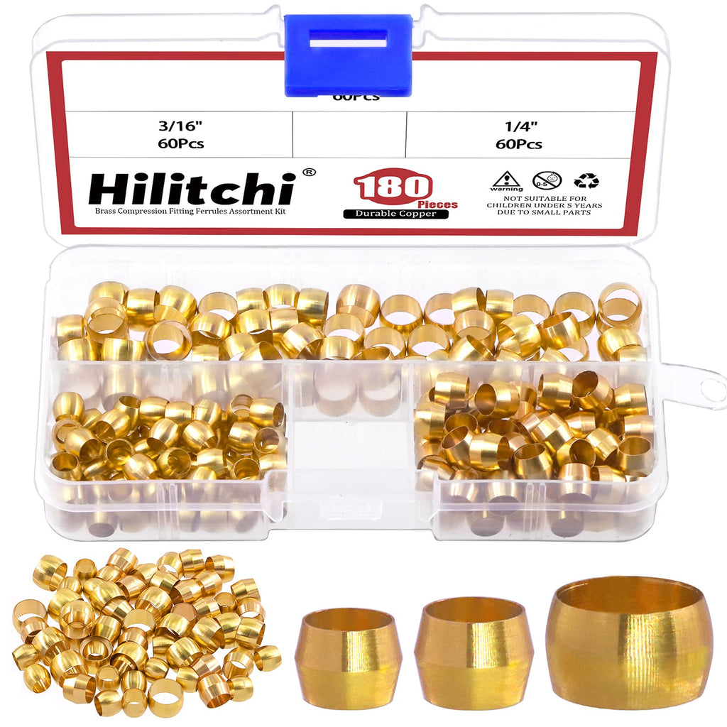 [Australia - AusPower] - Hilitchi 3Sizes Tube OD 3/16 1/4 5/16 Brass Compression Sleeves Ferrules Compression Fitting Kit (SAE, 180Pcs) 