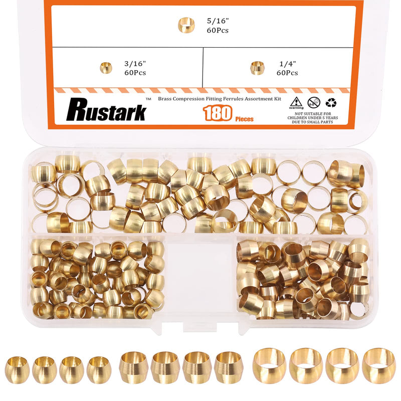 [Australia - AusPower] - Rustark 180Pcs 3/16" 1/4" 5/16" Brass Compression Fitting Sleeves Ferrules Assortment Kit Tube Hose Ferrule Compression Fitting Set Small Sizes: 3/16" 1/4" 5/16" OD 