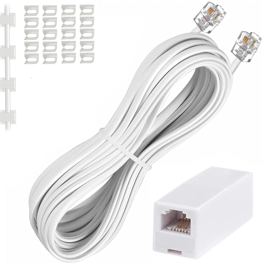[Australia - AusPower] - Phone Cord 25FT, Landline Telephone Cable with RJ11 Plug, Includes Telephone Inline Coupler RJ11 Splitter and 20pcs Cable Clips, White 