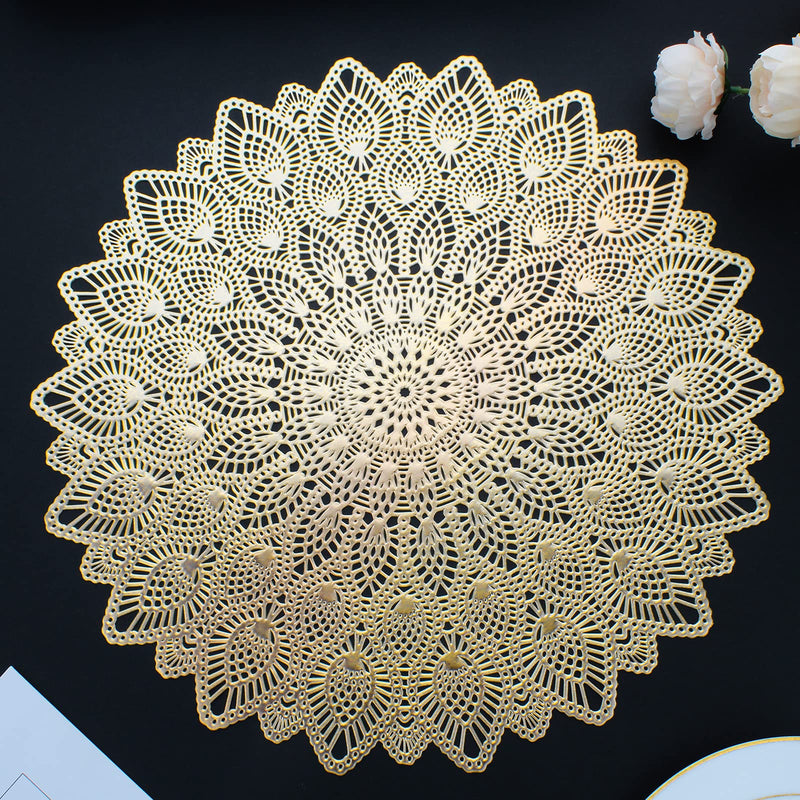 [Australia - AusPower] - Mabbcoo Gold Round Placemats, Hollow Out Washable and Wipeable Place Mats, Pressed Vinyl Table Mats Set of 6 for Anniversary Dinner Kitchen Decorations 6Pcs Round 