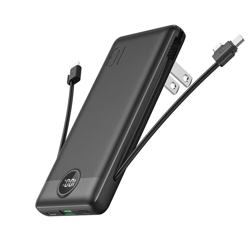 [Australia - AusPower] - Portable Charger with Built in Cable and AC Wall Plug, PD&QC 20W Fast Charging Ultra Slim USB C Power Bank with Built in Cables, VEEKTOMX External Battery Pack Compatible with All Smart Devices Black 