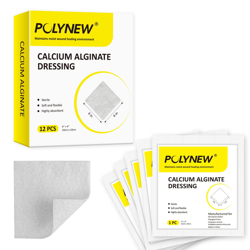 [Australia - AusPower] - Polynew Calcium Alginate Wound Dressing, 4'' x 4'' Patches,12 Pack, Soft and Highly Absorbent Wound Care 