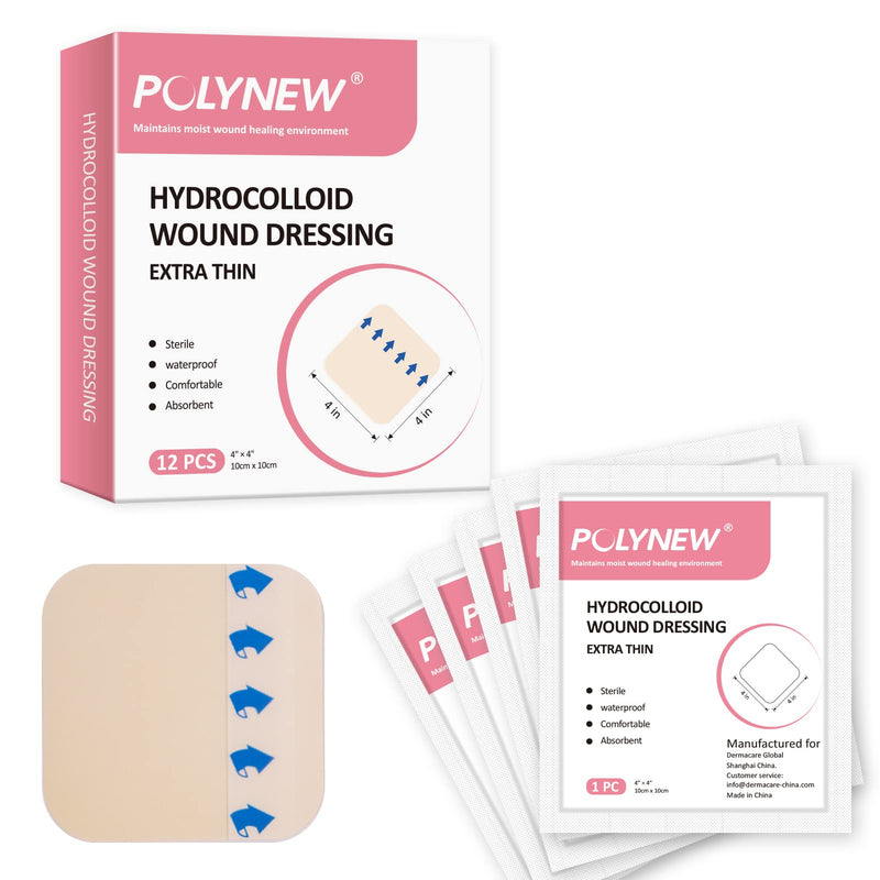[Australia - AusPower] - Polynew Thin Hydrocolloid Dressing 12 Pack Without Border 4" x 4" Hydrocolloid Patches, Adhesive Hydrocolloid Bandages, Wound Dressing 