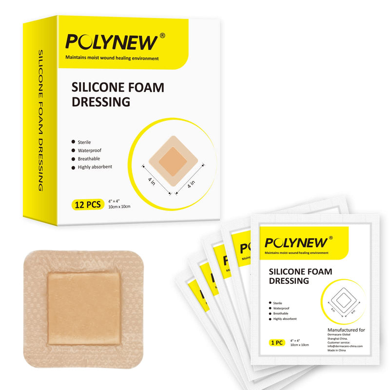 [Australia - AusPower] - Polynew Silicone Foam Dressing with Border, Adhesive 4"x4" Waterproof Wound Dressing Bandage for Wound Care 12 Packs 