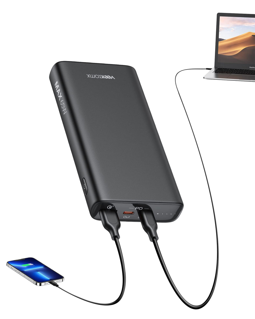 [Australia - AusPower] - Laptop Power Bank,65W PD3.0 Portable Charger for Laptop, QC 3.0 20000mAh Power Bank, VEEKTOMX Fast Charging 3 Outputs Battery Pack for MacBook/iPhone/Switch/Tablet/Samsung Black 