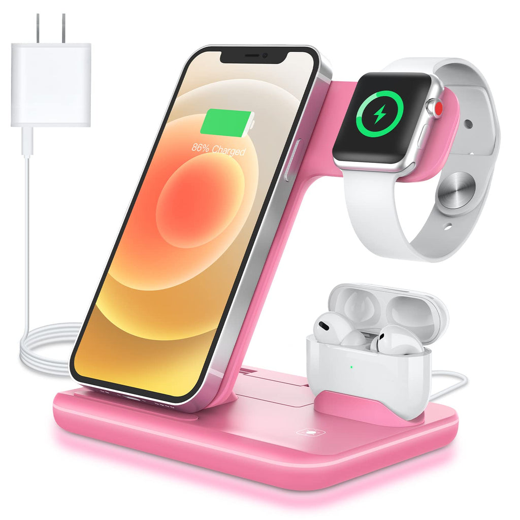 [Australia - AusPower] - WAITIEE Wireless Charger 3 in 1, 15W Fast Charging Station for Apple iWatch SE/6/5/4/3/2/1,AirPods Pro, Compatible with iPhone 12/12 Pro Max/11 Series/XS Max/XR/XS/X/8/8 Plus/Samsung Galaxy (Pink) Pink 