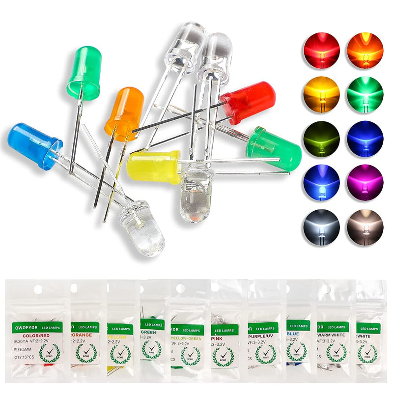 [Australia - AusPower] - OWOFYDR 10 Colors 5mm LED Light-Emitting diode lamp Combination kit Package Round Mixed Color White red Yellow Green Blue Warm White Purple Yellow Green Pink Orange (color) 10 colors × 15pcs=150pcs 