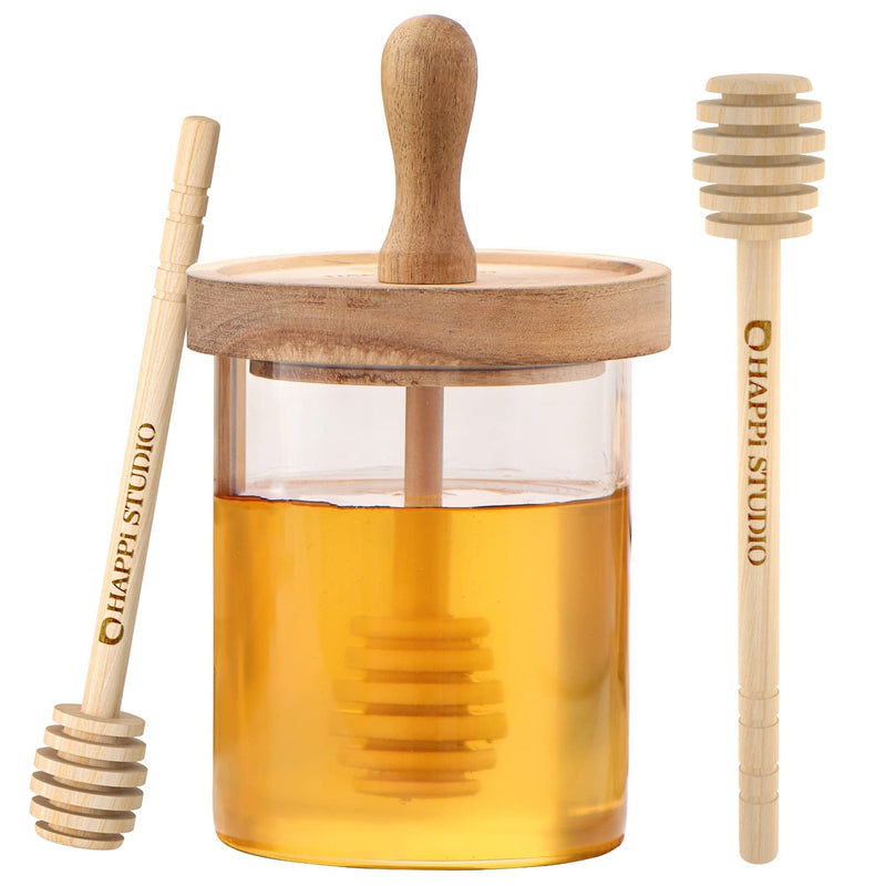 [Australia - AusPower] - HAPPi STUDIO Airtight Honey Pot - 13 Oz Honey Jar - Honey Jar and Dipper Set - Honey Jars with Dipper - Honey Dipper Stick and Jar Set - Honey Dispenser - Honey Containers - Glass Honey Holder 
