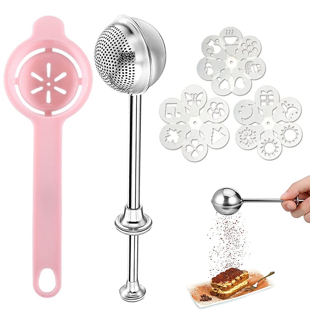 [Australia - AusPower] - AHOTWISH Bakers Dusting Wand for Sugar, Stainless Steel Flour Duster Powdered Sugar Shaker Duster Sifter with Cake Stencil Templates One-Handed Operation for Sugar and Spices (21pcs(Pink)) 21pcs(Pink) 