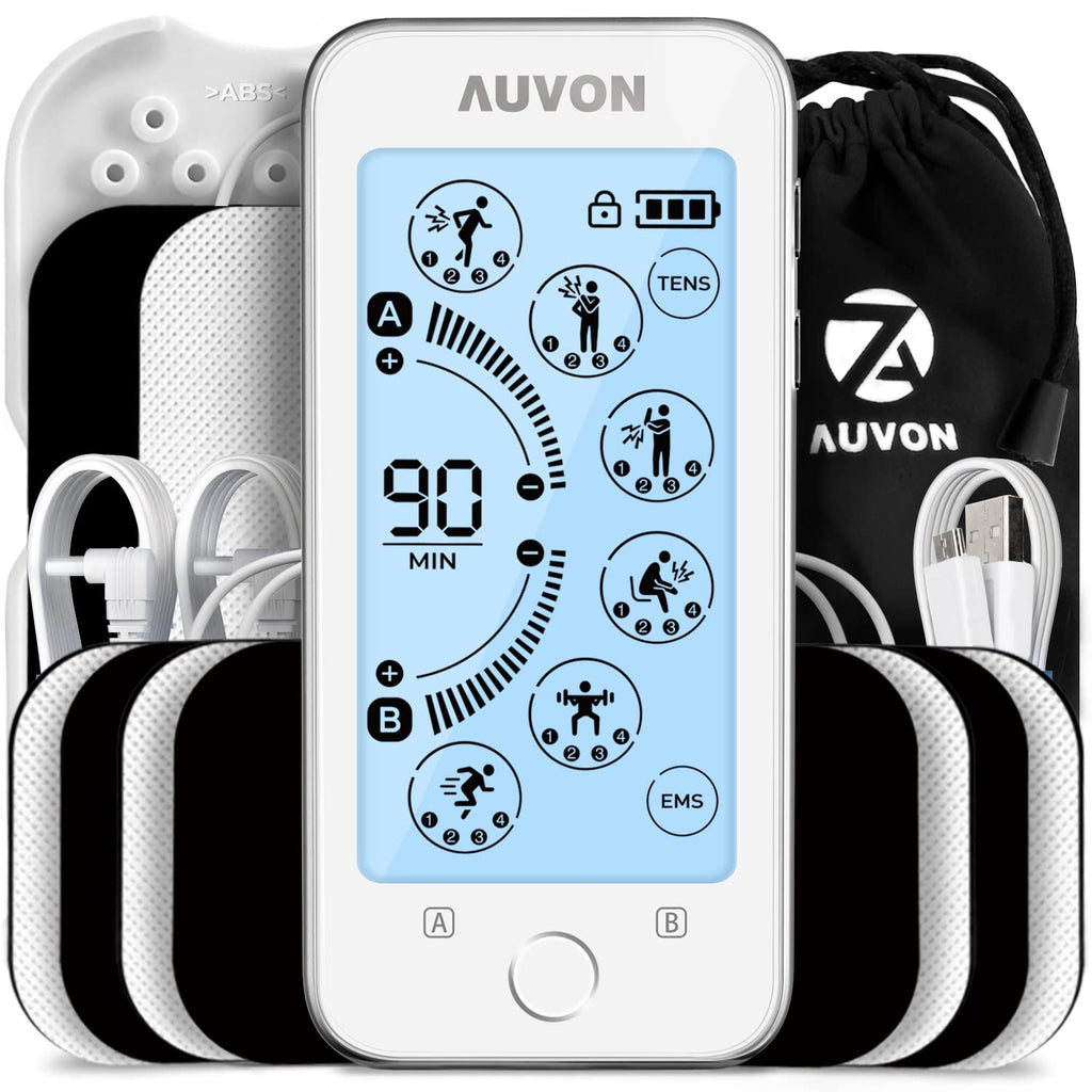 [Australia - AusPower] - AUVON Touchscreen TENS Unit Muscle Stimulator, 24 Modes Dual Channel TENS Machine for Pain Relief Therapy, 2 x Battery Life, Continuous-Time Setting, Dust-Proof Bag, Cable Ties and 10 Electrode Pads 