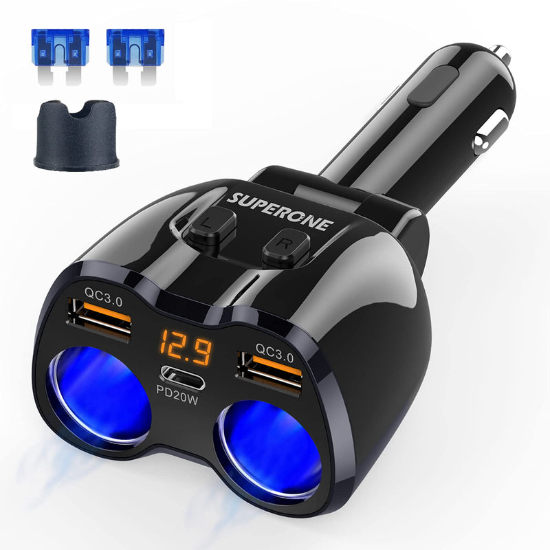 [Australia - AusPower] - 【Upgraded】 Cigarette Lighter Splitter, SUPERONE 180W 2-Socket Cigarette Lighter Adapter with Dual QC3.0 and 20W PD USB C Car Charger Splitter for GPS/Dash Cam/Laptop/iPad/iPhone 13 Pro Max/13/12/11 