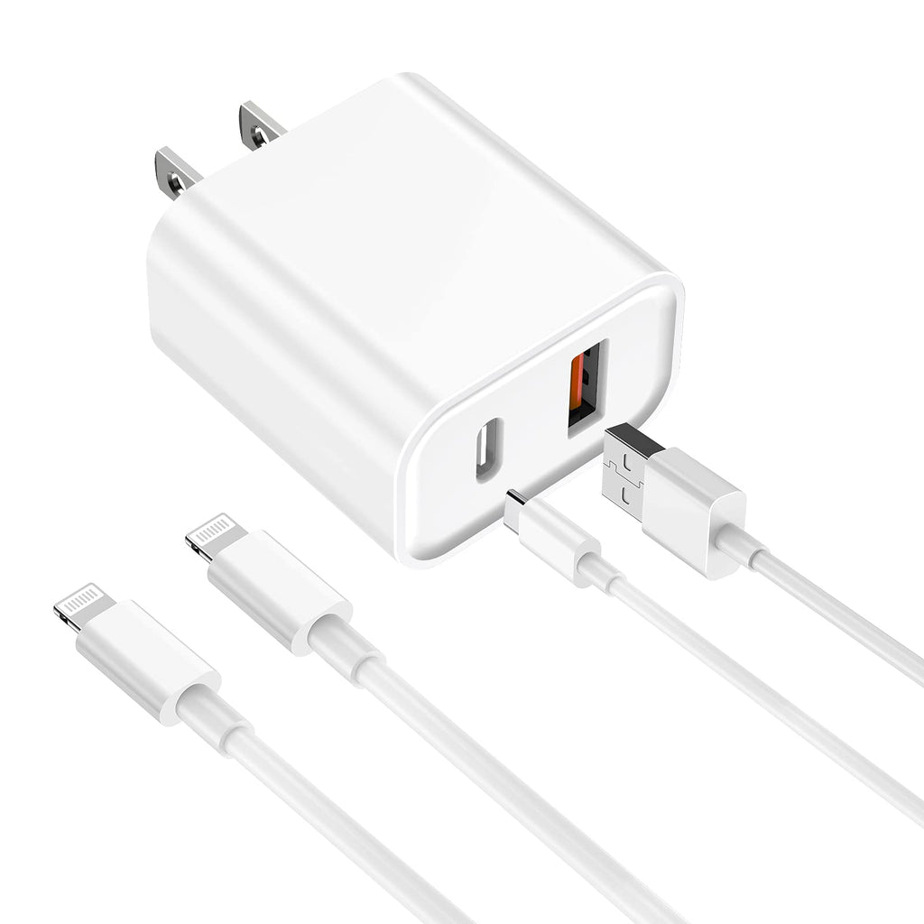[Australia - AusPower] - iPhone Fast Charger, [Apple MFi Certified] esbeecables 20W Dual Port PD3.0 USB-C + QC3.0 USB-A Rapid Wall Charger with 2X 6ft Lightning Cables, for iPhone 13/12/11 Pro, XS/XR/X/8/7P, SE, iPad, AirPods 