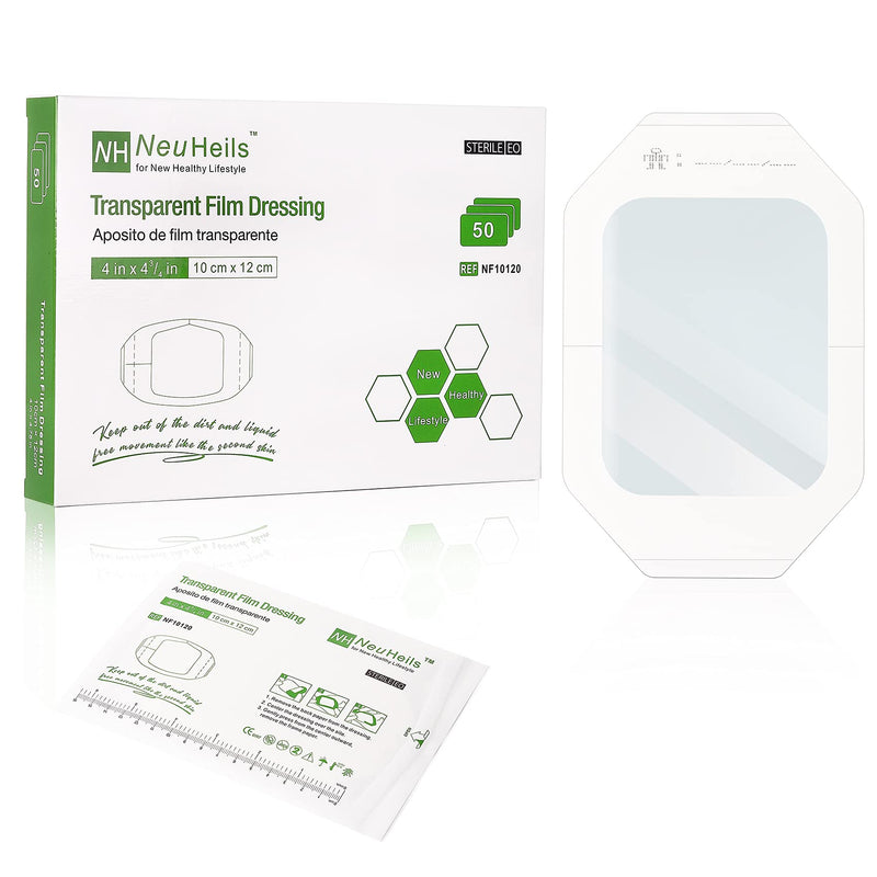 [Australia - AusPower] - Transparent Film Dressing, Waterproof Wound Cover Bandage 4''x4.75'', 50 Packs, Post Surgical Shower or IV Shield, Tattoo Aftercare Bandage, Adhesive Patch by NeuHeils 